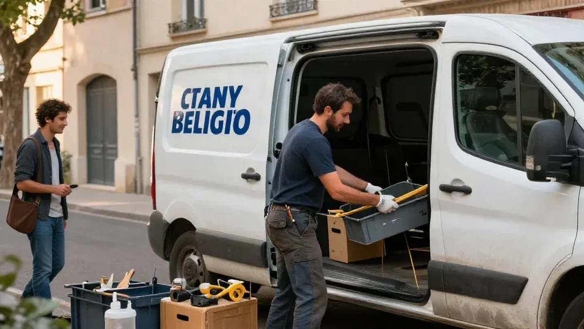 Un artisan indépendant charge son matériel dans son véhicule utilitaire avant une tournée