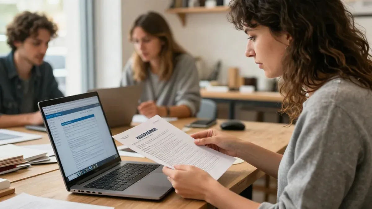 Une entrepreneuse compare deux devis d'assurance sur son ordinateur portable dans son atelier