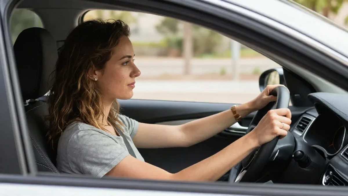 Jeune conductrice au volant de sa première voiture, les mains sur le volant