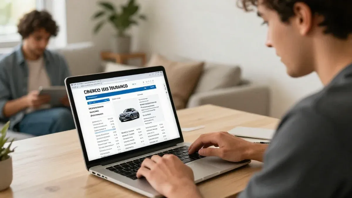 Jeune homme comparant des devis d'assurance auto sur son ordinateur portable