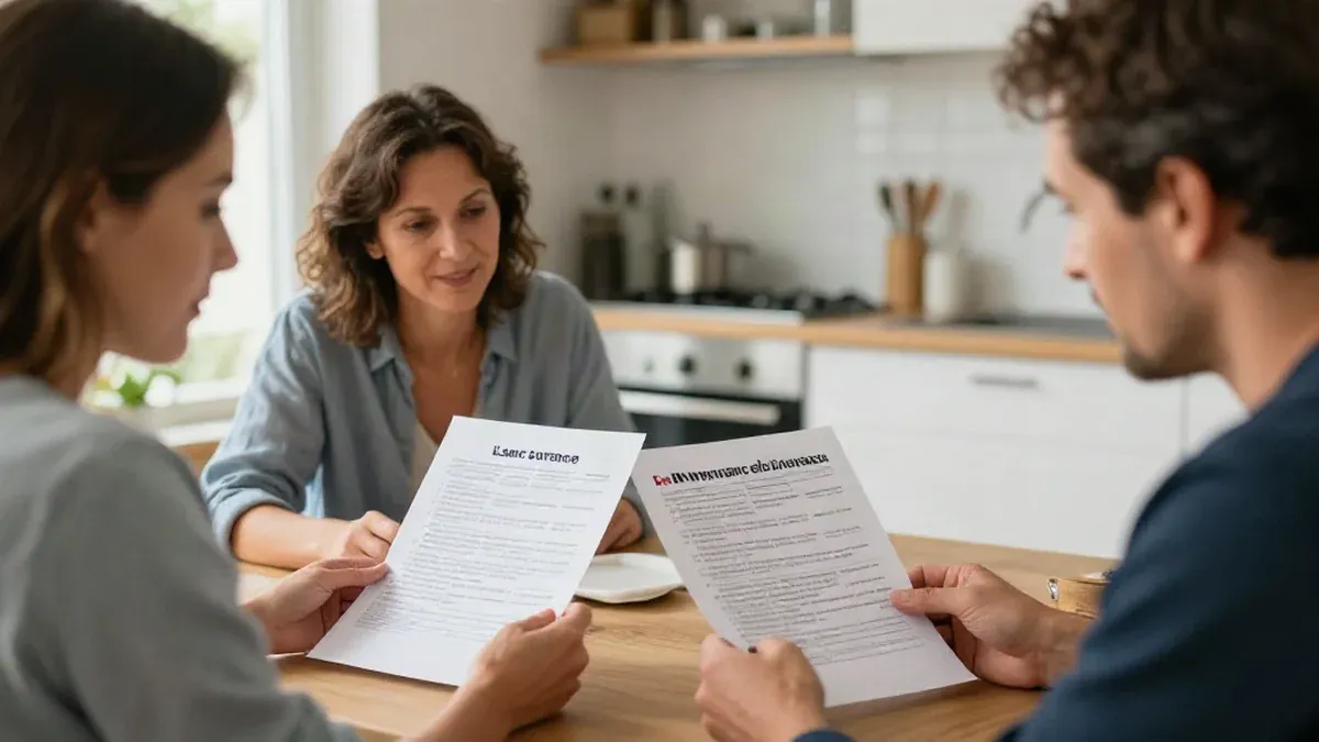 Un couple compare deux devis d'assurance de prêt immobilier à la table de la cuisine