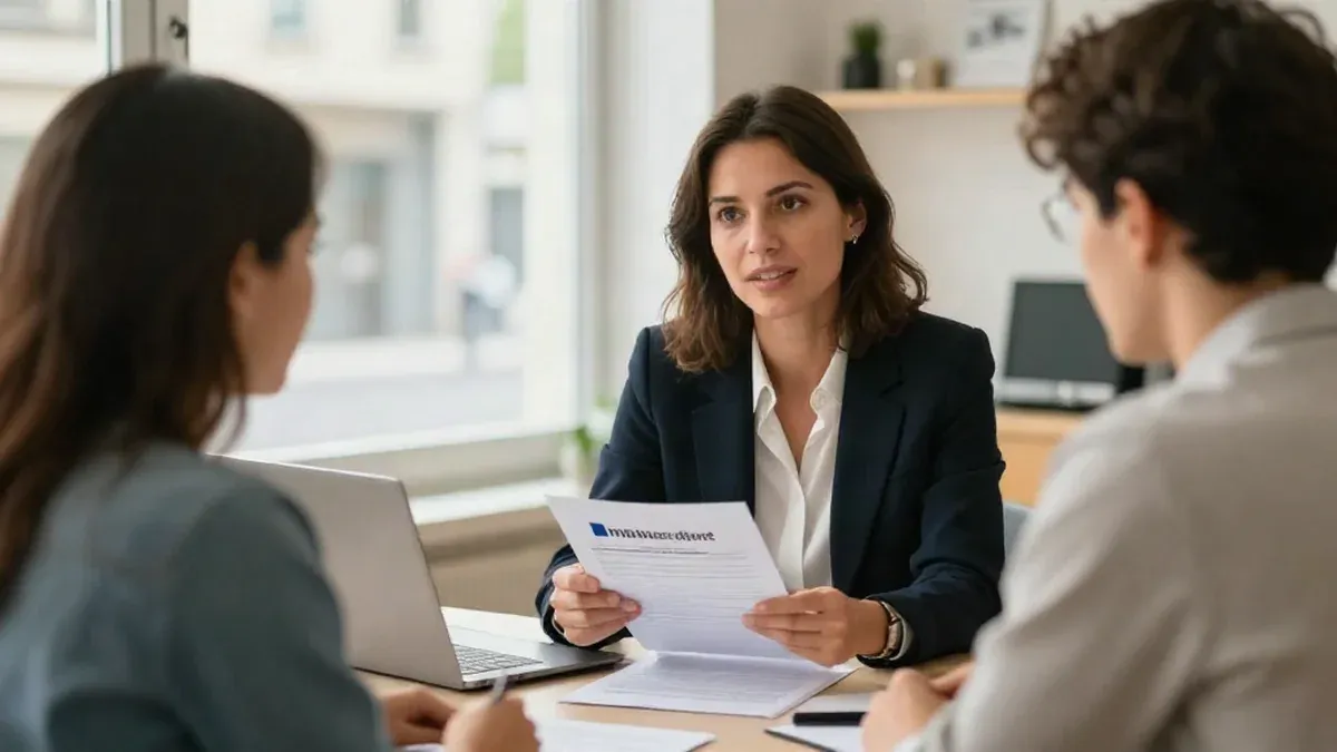 Une conseillère montre les garanties d'un contrat d'assurance de prêt à ses clients