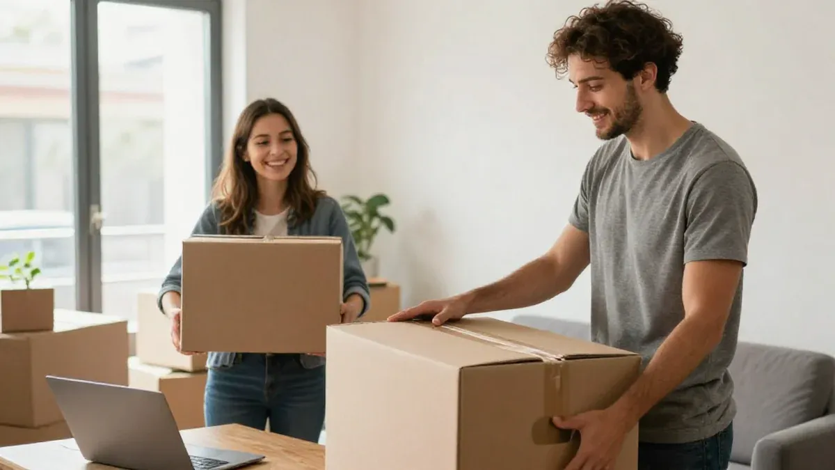 Un couple prépare ses cartons de déménagement dans le salon