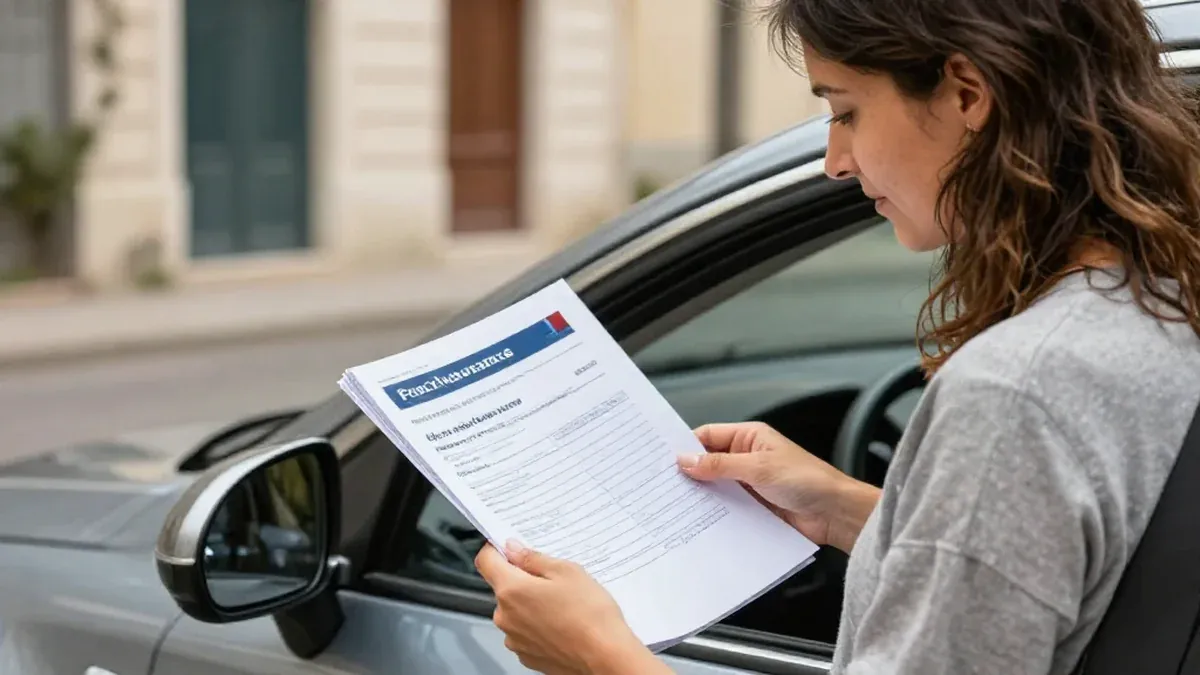Conductrice comparant des devis d'assurance auto devant sa voiture