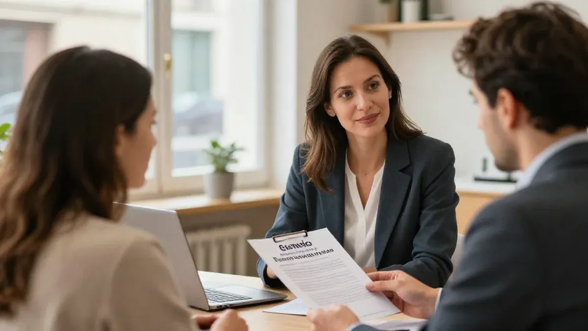 Conseillère en assurance expliquant un contrat à un couple