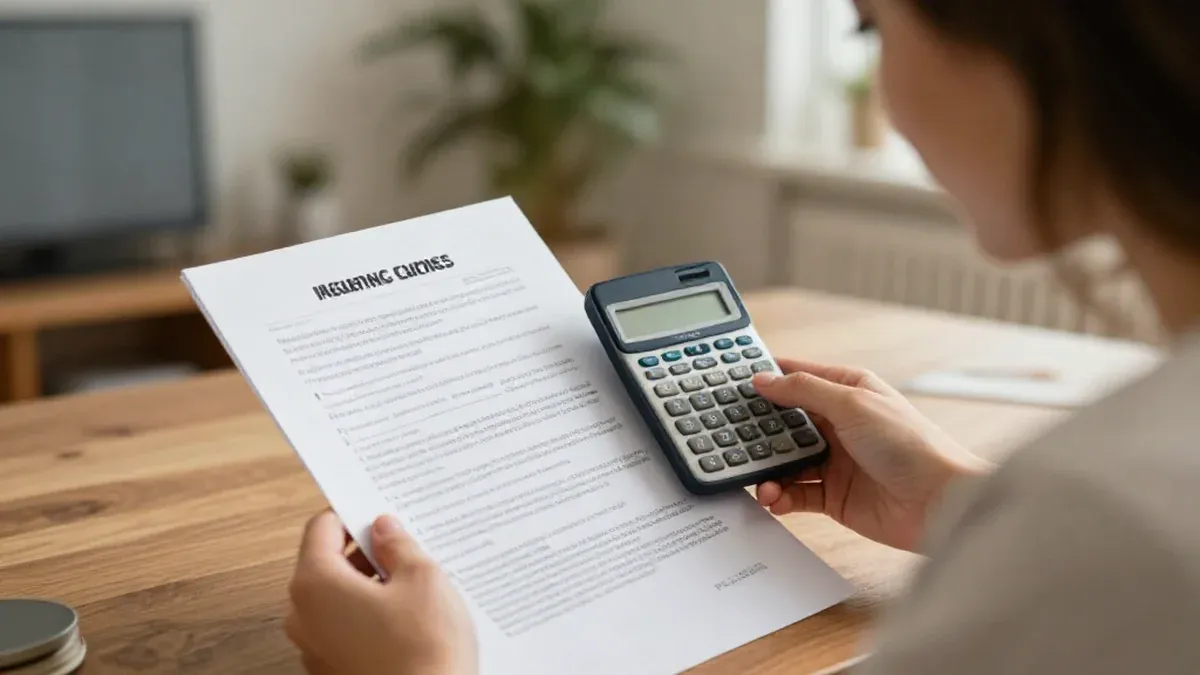 Personne comparant son contrat d'assurance et sa calculatrice à la maison