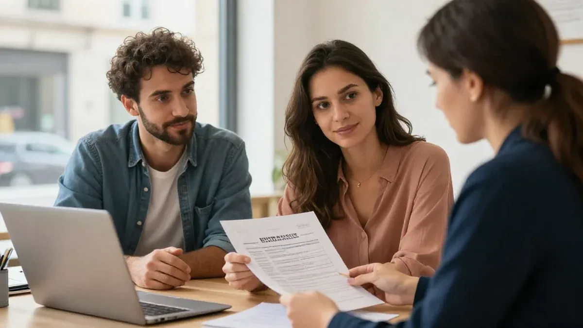 Couple de co-emprunteurs examinant la répartition de leur assurance de prêt avec une conseillère