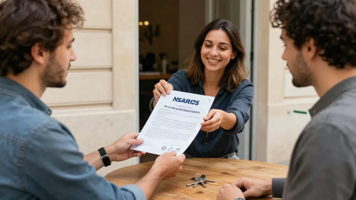 Locataire remettant son attestation d'assurance habitation au propriétaire lors de la remise des clés