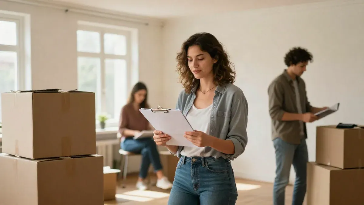 Locataire au milieu de ses cartons le jour du déménagement, dossier d'assurance habitation à la main